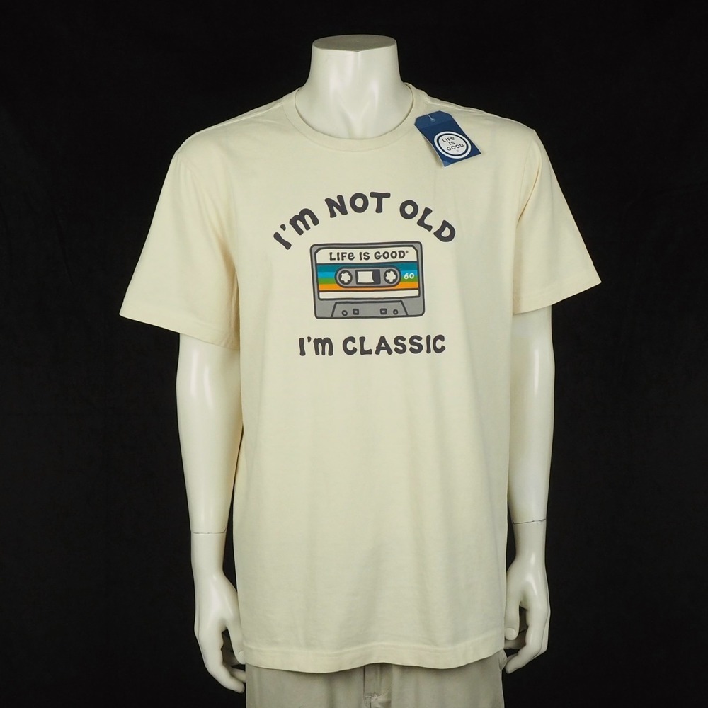 New Life is Good Tee Shirt Mens XL Beige I'm Not Old I'm Classic Cassette Tape